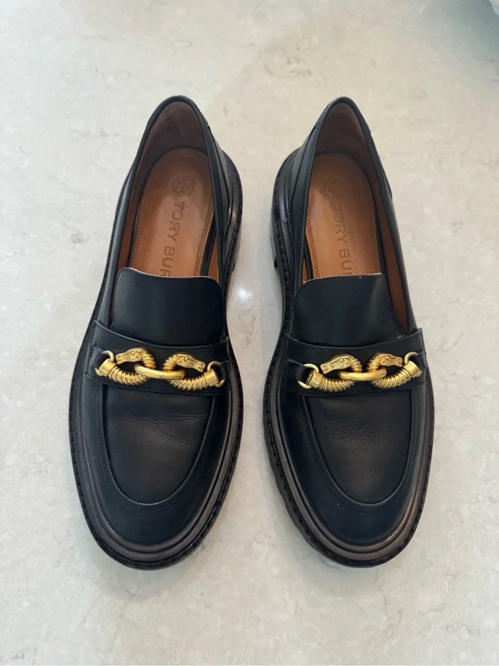 Tory Burch Jessica Lug Sole Loafers with Gold Chain Detail